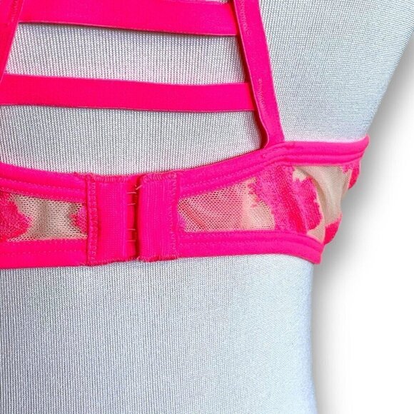 Victorias Secret 36C Bra Pink Tan Floral Lace Padded Push Up Underwire Racerback - Picture 6 of 7